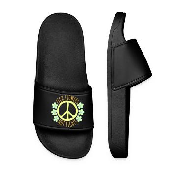 Pick Flowers Not Fights Blumen Frieden Lustig Logo - Frauen Badelatschen - Schwarz - Vorne
