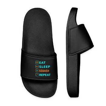 Essen. Schlafen. Squash. Wiederholen Design - Frauen Badelatschen - Schwarz - Vorne