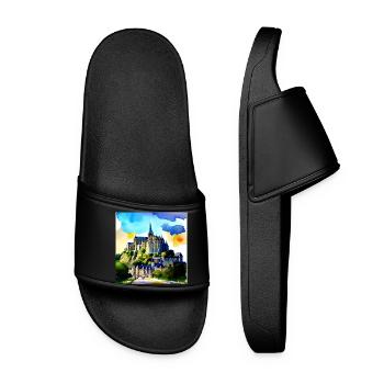 Mont Saint Michel, France - Watercolor - Women’s Pool Sliders - black - Front