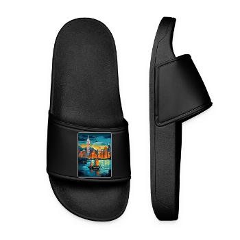 Hong Kong China Travel Poster Souvenir Paint WPA - Women’s Pool Sliders - black - Front