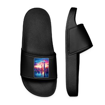 Hong Kong China Travel Poster Souvenir Paint WPA - Women’s Pool Sliders - black - Front