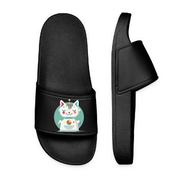 Geometric Robot Cat – Creative Illustration - Women’s Pool Sliders - black - Front