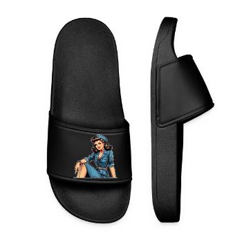 Pin Up Retro Stewardess Flight Attendant Gift - Women’s Pool Sliders - black - Front