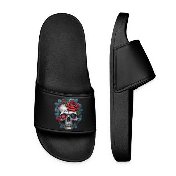 Totenkopf mit Rosen - Frauen Badelatschen - Schwarz - Vorne