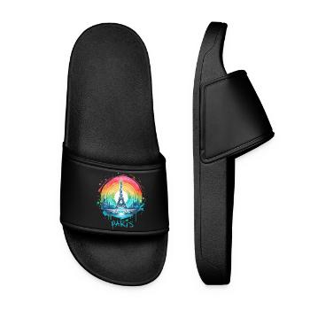 Pariser Eiffelturm mit Regenbogen-LGBT-Skyline - Frauen Badelatschen - Schwarz - Vorne
