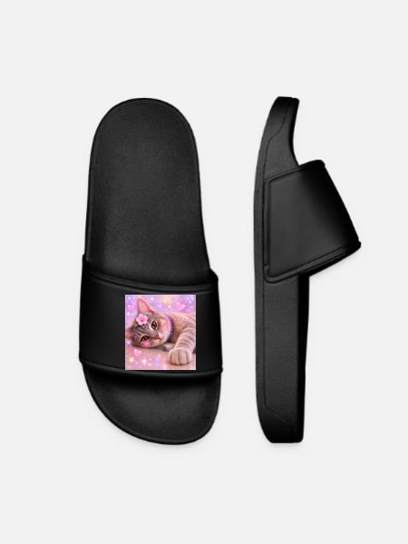 Kitten with Flower and Glitter - Women’s Pool Sliders - black