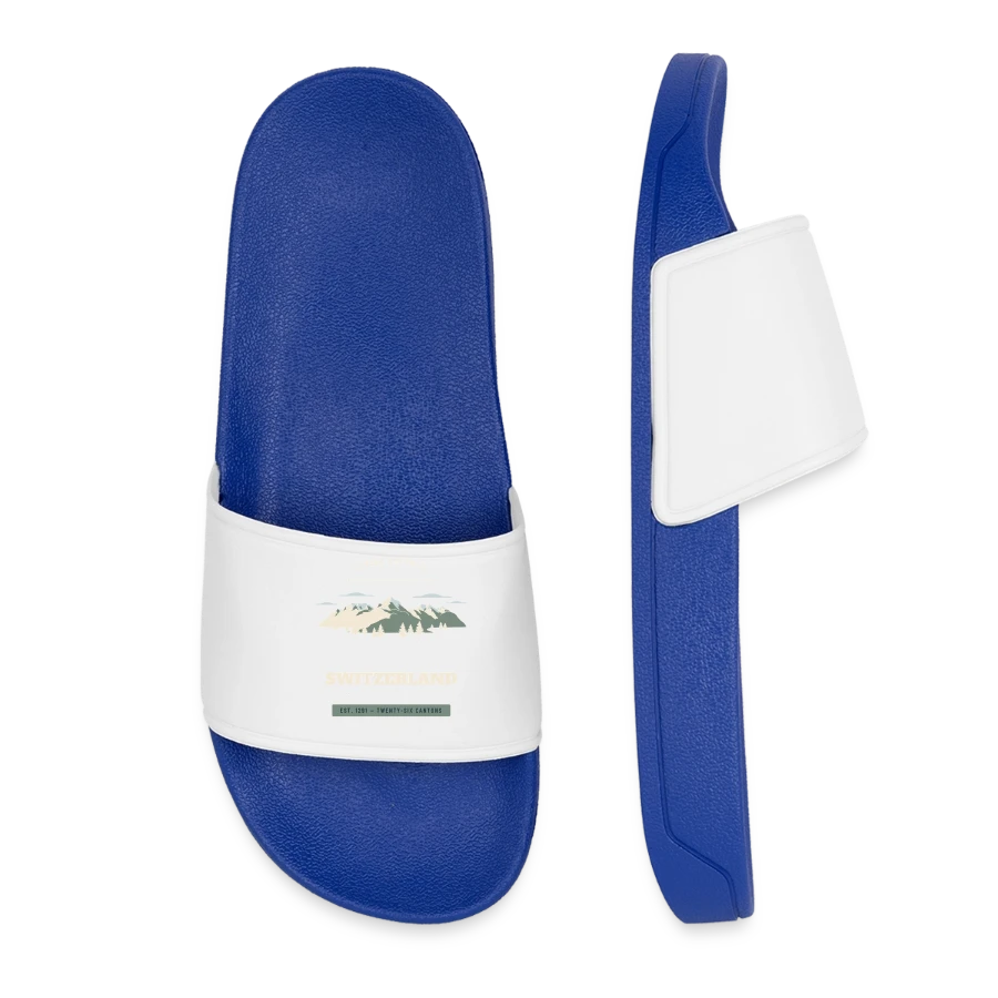 Switzerland badge on a women’s pool sliders, royal blue