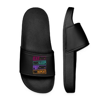 Eat Sleep Katze Cat Repeat Warrior Cat Katzen - Frauen Badelatschen - Schwarz - Vorne