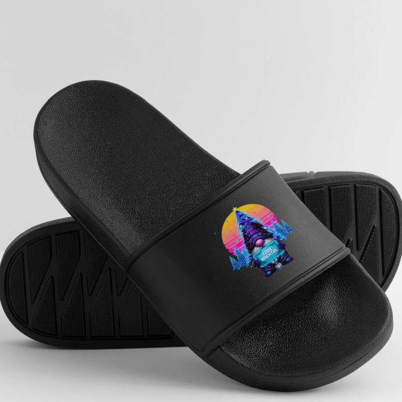 Cyberpunk Code Gnome - Synthwave Xmas Nerd Women’s Pool Sliders