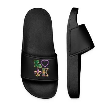 Mardi Gras Louisiana T-Shirt – Fleur de Lis, Herz - Frauen Badelatschen - Schwarz - Vorne