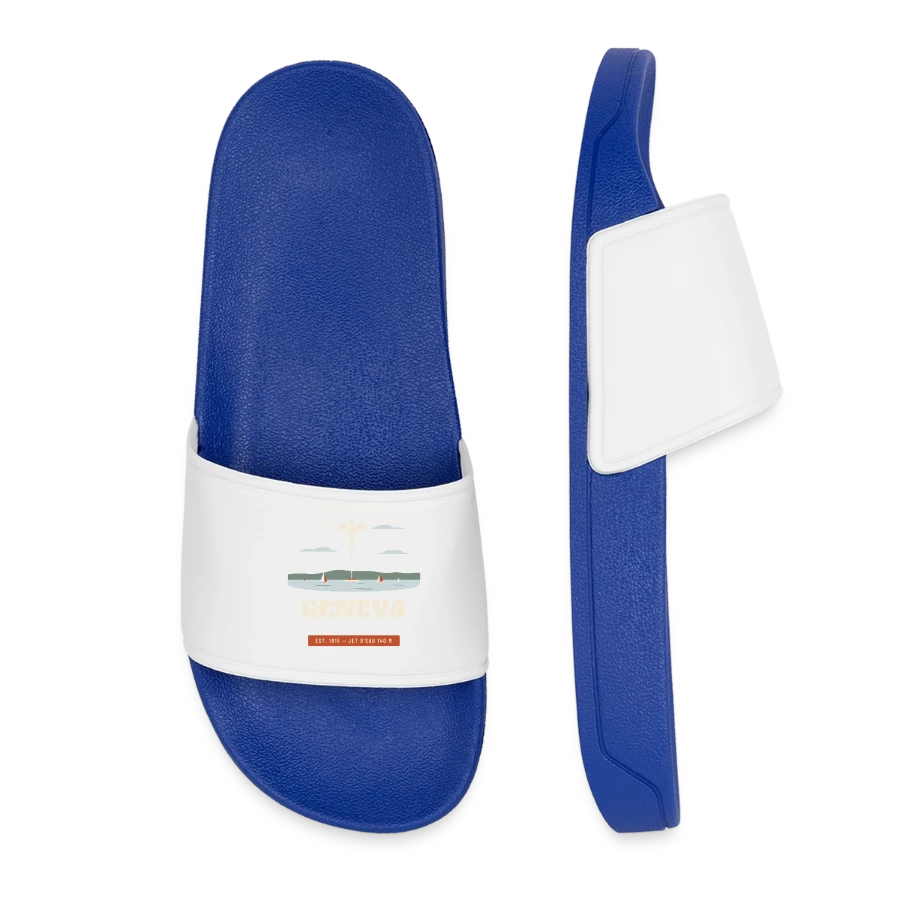 Geneva badge on a women’s pool sliders, royal blue