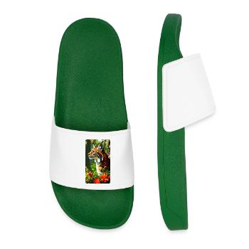 Lynx in the forest in autumn leaves (view to the left) - Women’s Pool Sliders - dark green - Front
