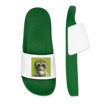 Stylisher Affe mit Sonennbrille und Kaffeetasse - Frauen Badelatschen - Dunkelgrün - Vorne