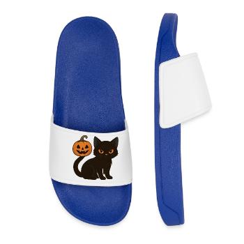 Schwarze Katze mit Halloween Kürbis - Frauen Badelatschen - Königsblau - Vorne