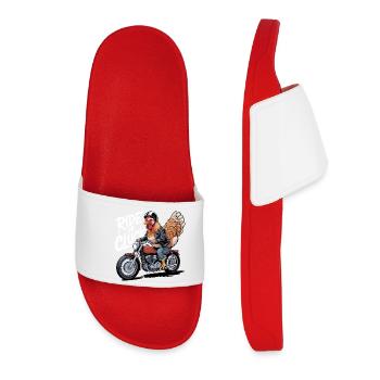 Rooster Biker: Leather Jacket on Bike - Women’s Pool Sliders - red - Front