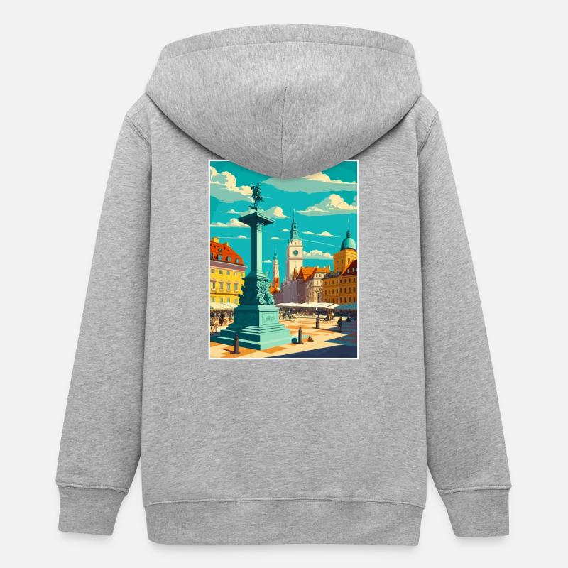 Affiche de voyage rétro dans le paysage urbain de Varsovie, Pologne - Veste à capuche ado bio Stanley/Stella - gris chiné