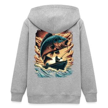 Vintage Sonnenuntergang Karpfen Angler Abenteuer - Teenager Organic Kapuzenjacke Mini Cultivator von Stanley/Stella - Grau meliert - Hinten - AI Model Teenager Male light (155cm)