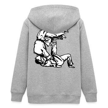 Judo Tomoe Nage Design mit Judokas - Teenager Organic Kapuzenjacke Mini Cultivator von Stanley/Stella - Grau meliert - Hinten - AI Model Teenager Male light (155cm)