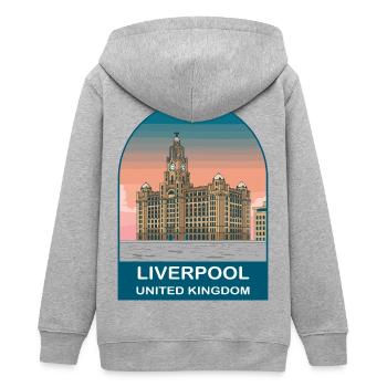 Liverpool UK Vintage-Reiseplakat-Kunst - Teenager Organic Kapuzenjacke Mini Cultivator von Stanley/Stella - Grau meliert - Hinten - AI Model Teenager Male light (155cm)