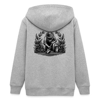 Jardinier amateur jardinant dans le parterre de fleurs - Veste à capuche ado bio Stanley/Stella - gris chiné - Dos - AI Model Teenager Male light (155cm)