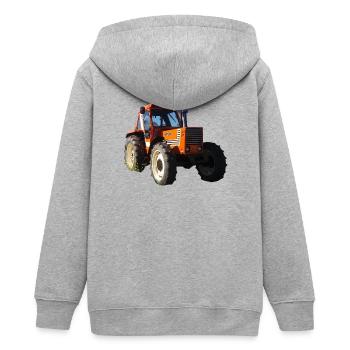 Orange 780 DT Traktor - Teenager Organic Kapuzenjacke Mini Cultivator von Stanley/Stella - Grau meliert - Hinten - AI Model Teenager Male light (155cm)