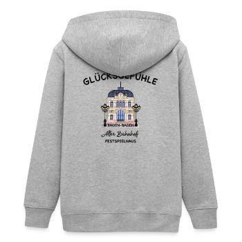 Baden- Baden,, Lichtspielhaus Alter Bahnhof, Glück - Teenager Organic Kapuzenjacke Mini Cultivator von Stanley/Stella - Grau meliert - Hinten - AI Model Teenager Male light (155cm)