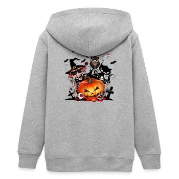 Halloween Kürbis mit Hexe,Katze,Fledermaus & Eule - Teenager Organic Kapuzenjacke Mini Cultivator von Stanley/Stella - Grau meliert - Hinten - AI Model Teenager Male light (155cm)