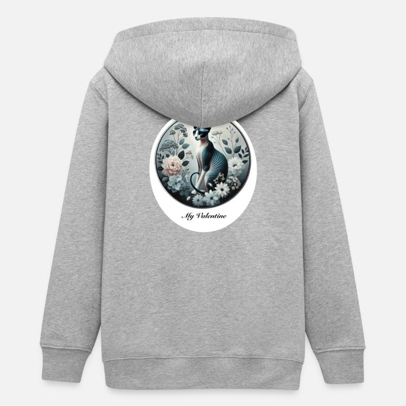 Motif de la Saint-Valentin avec des fleurs et un chat sphynx - Veste à capuche ado bio Stanley/Stella - gris chiné