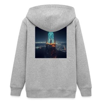 Glowing skyscraper at night - Teens Organic Zip-up Hoodie by Stanley/Stella - heather grey - Back - AI Model Teenager Male light (155cm)