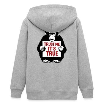 Monkey with Shield Trust Me It's True - Teens Organic Zip-up Hoodie by Stanley/Stella - heather grey - Back - AI Model Teenager Male light (155cm)