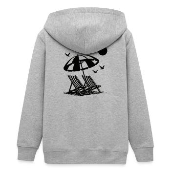 Strandurlaub mit Liegestühlen unter Sonnenschirm - Teenager Organic Kapuzenjacke Mini Cultivator von Stanley/Stella - Grau meliert - Hinten - AI Model Teenager Male light (155cm)