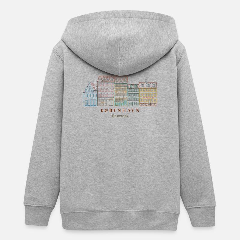 Copenhague, Vieux Port, Maisons dessinées à la main - Veste à capuche ado bio Stanley/Stella - gris chiné