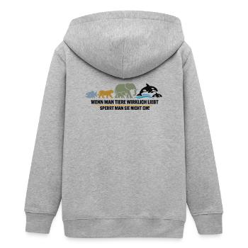 Freiheit statt Käfig - Teenager Organic Kapuzenjacke Mini Cultivator von Stanley/Stella - Grau meliert - Hinten - AI Model Teenager Male light (155cm)