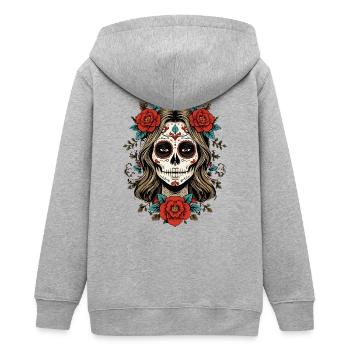 Sugar Skull Femme mit Rosen - Teenager Organic Kapuzenjacke Mini Cultivator von Stanley/Stella - Grau meliert - Hinten - AI Model Teenager Male light (155cm)