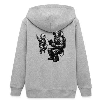 Vintage Tiefseetaucher mit Kind – Schwarzweiß - Teenager Organic Kapuzenjacke Mini Cultivator von Stanley/Stella - Grau meliert - Hinten - AI Model Teenager Male light (155cm)