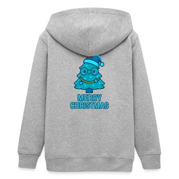 Blue cartoon Christmas tree with glasses - Teens Organic Zip-up Hoodie by Stanley/Stella - heather grey - Back - AI Model Teenager Male light (155cm)