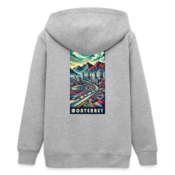 Monterrey Mexiko Stadt Reise Design - Teenager Organic Kapuzenjacke Mini Cultivator von Stanley/Stella - Grau meliert - Hinten - AI Model Teenager Male light (155cm)