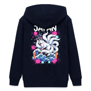 Kitsune Japan Pagode – Anime Fuchsgeist  - Teenager Organic Kapuzenjacke Mini Cultivator von Stanley/Stella - Navy - Hinten - AI Model Teenager Male light (155cm)