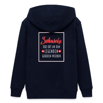 Schweiz: Ort der Legenden - Teenager Organic Kapuzenjacke Mini Cultivator von Stanley/Stella - Navy - Hinten - AI Model Teenager Male light (155cm)
