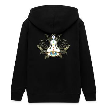 Chakren und Auge: Goldene Meditation - Teenager Organic Kapuzenjacke Mini Cultivator von Stanley/Stella - Schwarz - Hinten - AI Model Teenager Male light (155cm)
