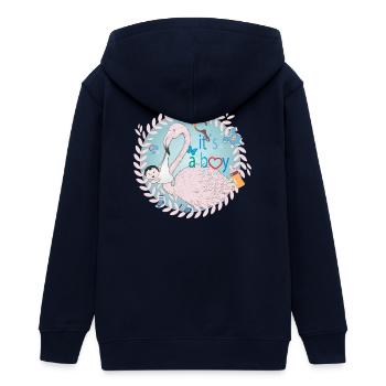Flamingo mit Baby und Baby Utensilien in Blau - Teenager Organic Kapuzenjacke Mini Cultivator von Stanley/Stella - Navy - Hinten - AI Model Teenager Male light (155cm)