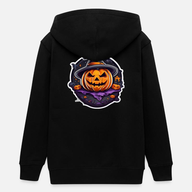 Pumpkin Witch Halloween Cartoon - Teens Organic Zip-up Hoodie by Stanley/Stella - black