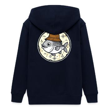 Fisch mit Hut im Nautik-Rundlogo - Teenager Organic Kapuzenjacke Mini Cultivator von Stanley/Stella - Navy - Hinten - AI Model Teenager Male light (155cm)