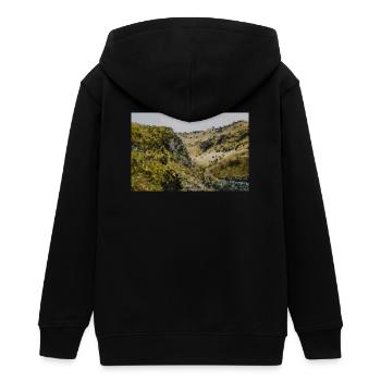 Hügelland Impression Kulisse - Teenager Organic Kapuzenjacke Mini Cultivator von Stanley/Stella - Schwarz - Hinten - AI Model Teenager Male light (155cm)