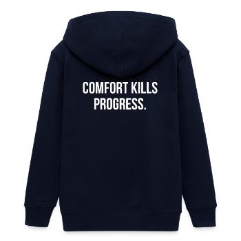 COMFORT KILLS PROGRESS. | Greyline Official - Teens Organic Zip-up Hoodie by Stanley/Stella - navy - Back - AI Model Teenager Male light (155cm)