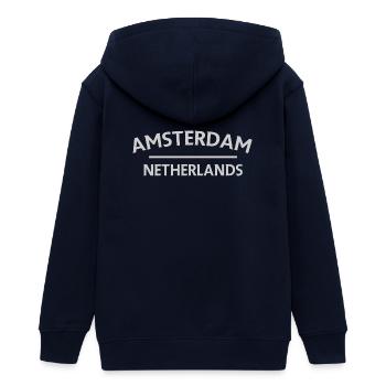 Amsterdam – Niederländisches Textdesign - Teenager Organic Kapuzenjacke Mini Cultivator von Stanley/Stella - Navy - Hinten - AI Model Teenager Male light (155cm)
