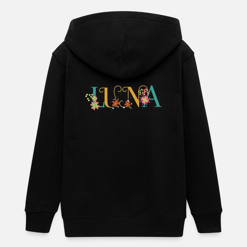 Art du nom LUNA avec des fleurs brodées - Veste à capuche ado bio Stanley/Stella - noir