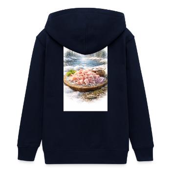 Gifts of the Far North - Stroganina - Teens Organic Zip-up Hoodie by Stanley/Stella - navy - Back - AI Model Teenager Male light (155cm)