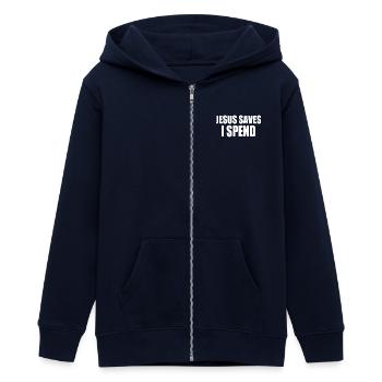 jesus saves i spend - Teenager Organic Kapuzenjacke Mini Cultivator von Stanley/Stella - Navy - Vorne - AI Model Teenager Male light (155cm)