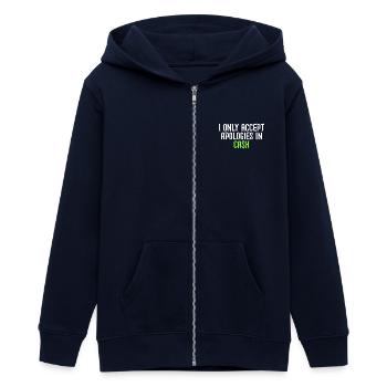 i only accept apologies in cash - Teens Organic Zip-up Hoodie by Stanley/Stella - navy - Front - AI Model Teenager Male light (155cm)